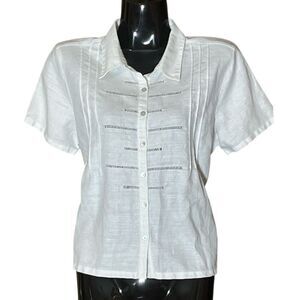 Edward Irish Linen White Short‎ Sleeve Button Up Collared Tie Back Woman’s Shirt